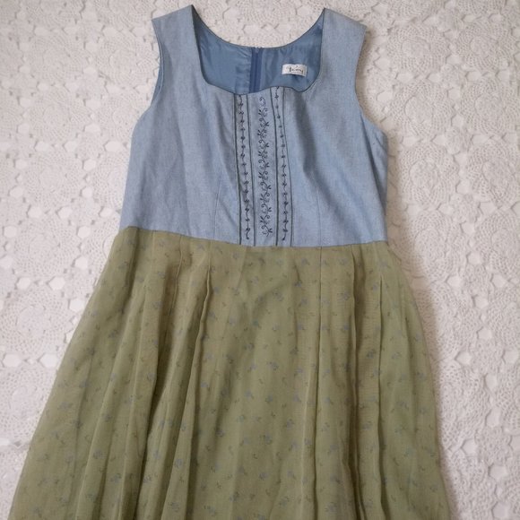 Perry Landhaus Maxi Dress Green Blue Floral Linen Fit Flare Medium Large  Women - Picture 2 of 7